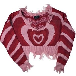 Distressed Just Polly Knit Sweater Medium Frayed Heart‎ Pattern Relaxed